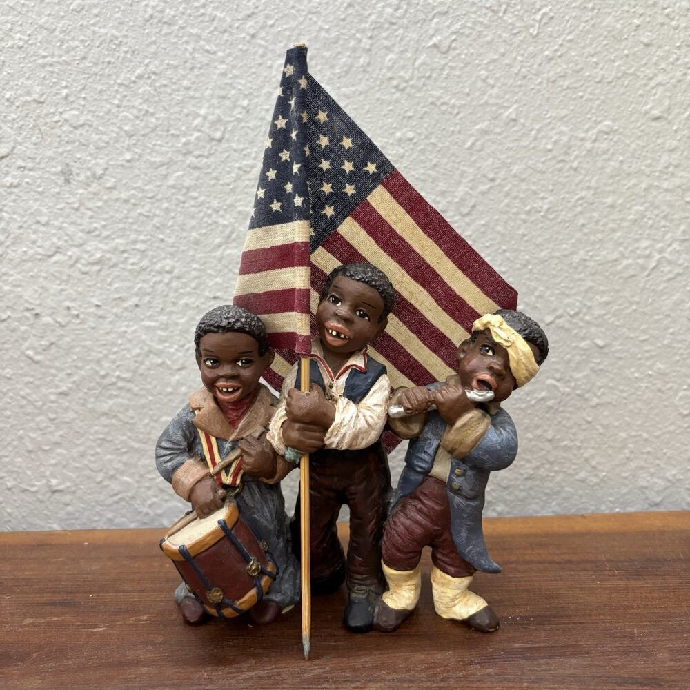 Vintage Black Heritage Americana Figurines 3 Patriot Kids USA Flag Resin